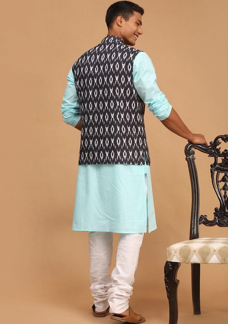 Blue Solid Poly Blend Kurta Set For Men