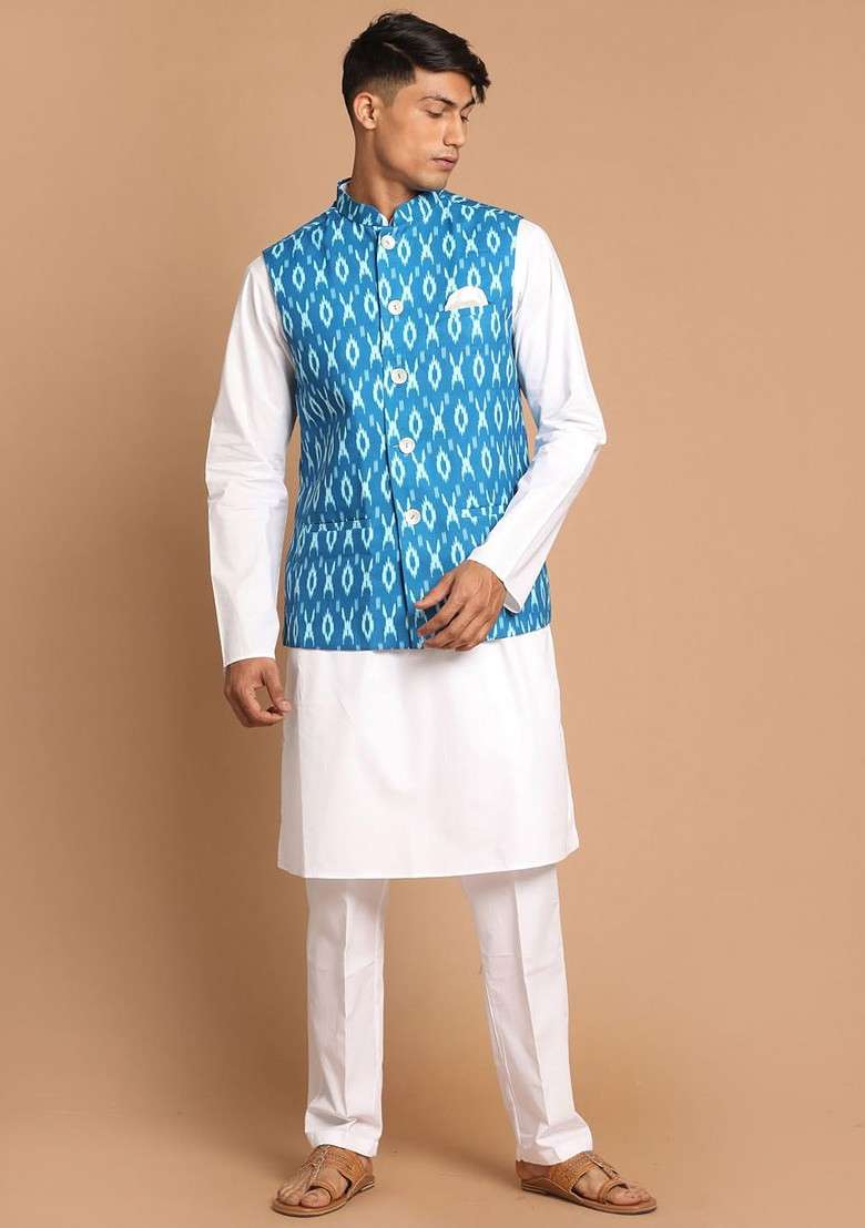 White Solid Cotton Kurta Set For Men - Indya