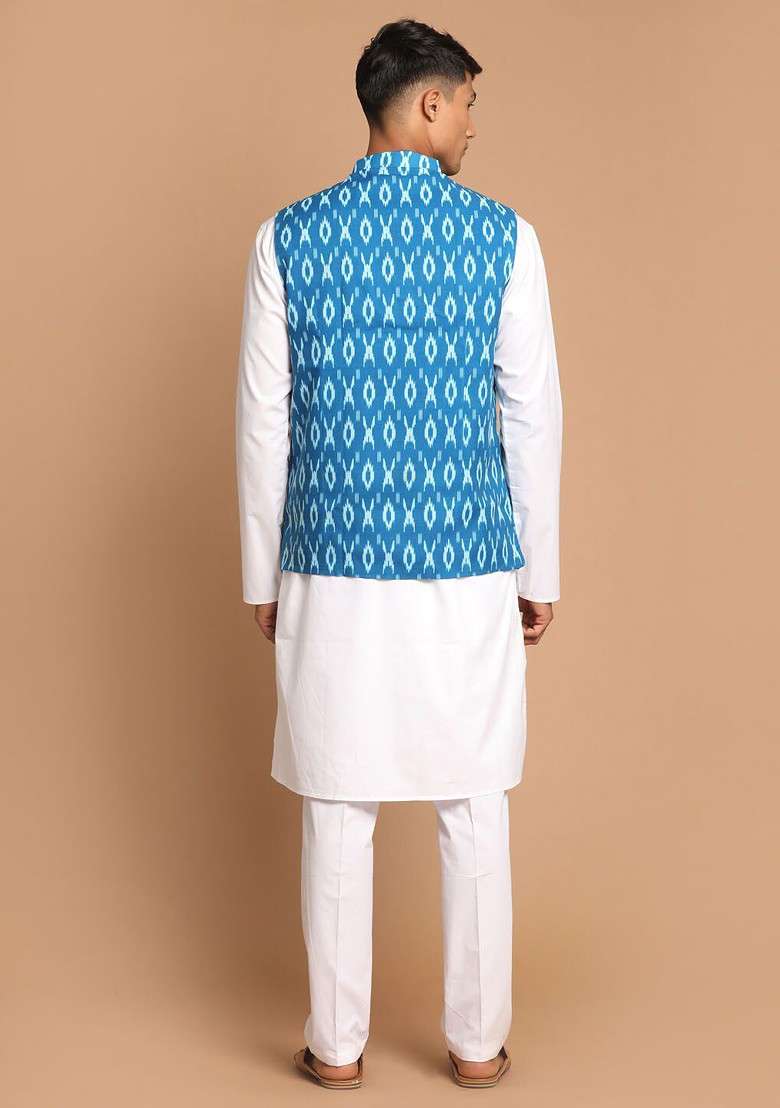 White Solid Cotton Kurta Set For Men - Indya