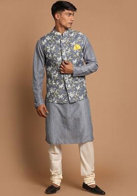 Grey Floral Print Poly Blend Kurta Set For Men