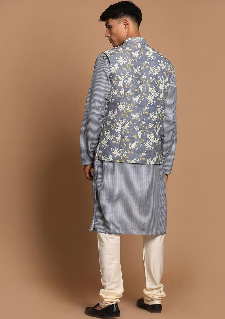 Grey Floral Print Poly Blend Kurta Set For Men