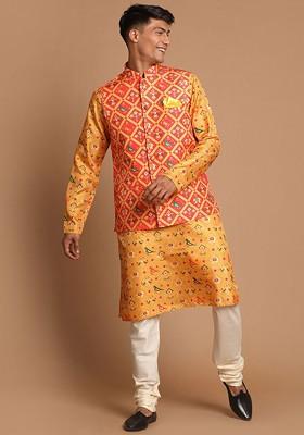Yellow Printed Poly Blend Kurta Set For Men