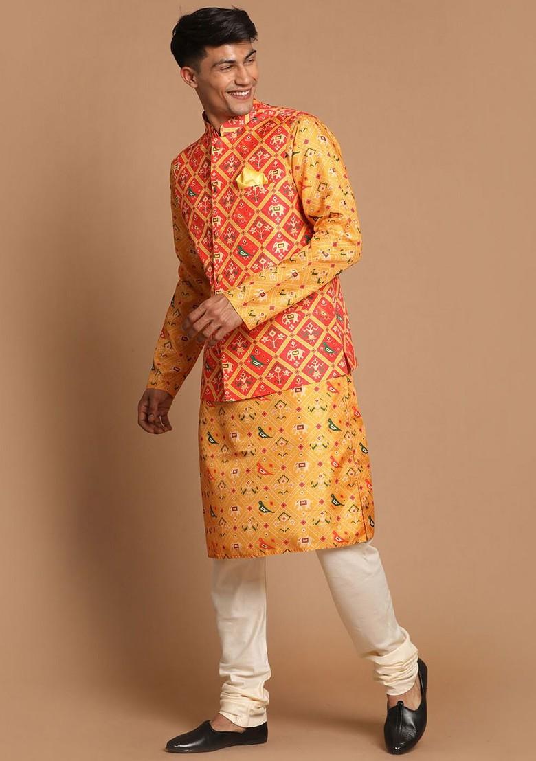 Yellow Printed Poly Blend Kurta Set For Men
