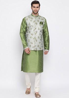Green Solid Poly Blend Kurta Set For Men