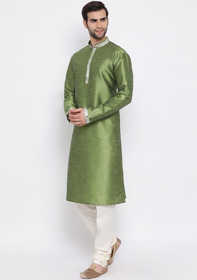 Green Solid Poly Blend Kurta Set For Men