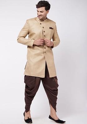 Beige Embroidered Cotton Indowestern Sherwani Set For Men