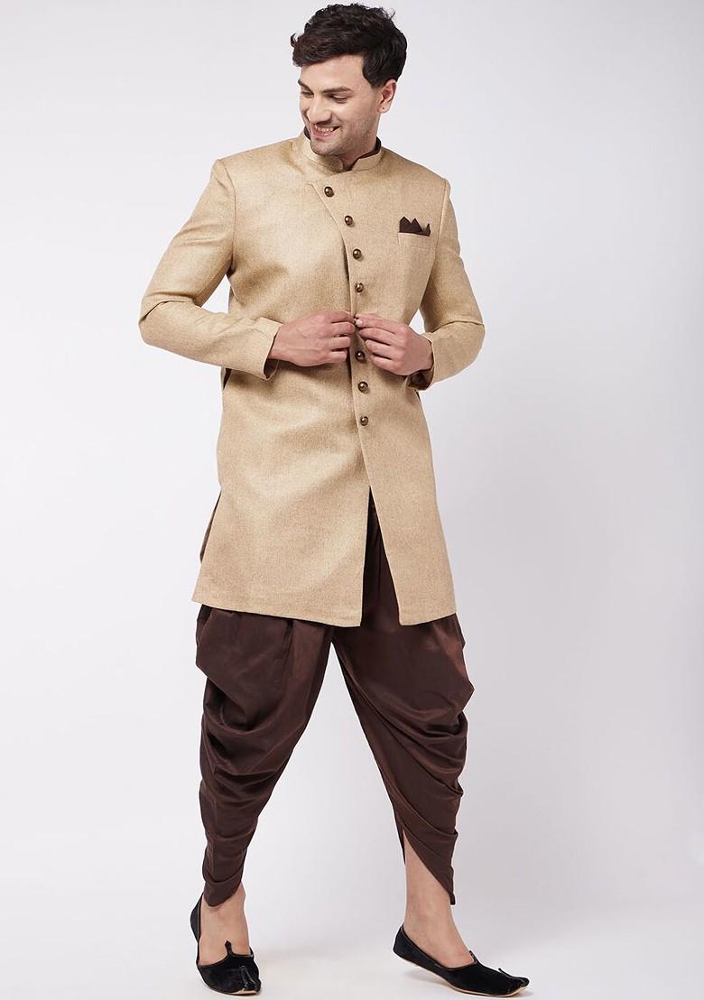 Beige Embroidered Cotton Indowestern Sherwani Set For Men