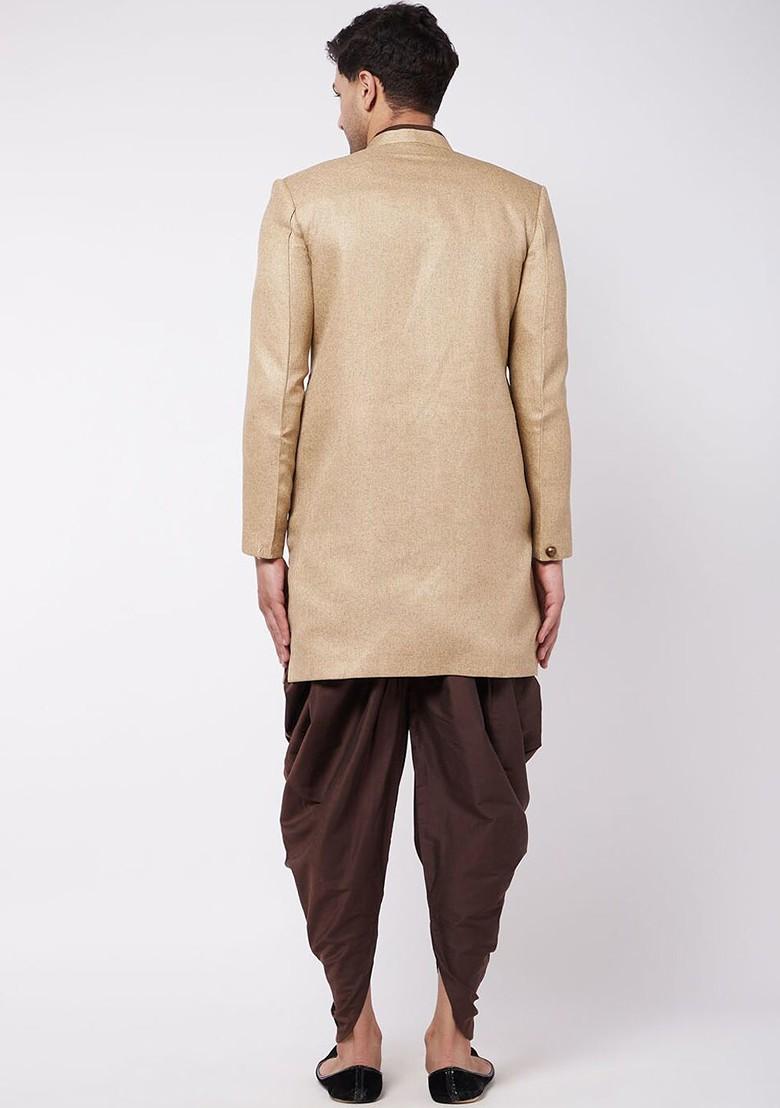 Beige Embroidered Cotton Indowestern Sherwani Set For Men