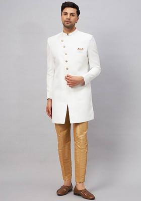 White Embroidered Cotton Indowestern Sherwani Set For Men