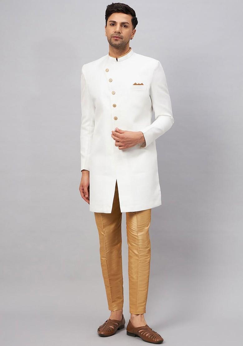 White Embroidered Cotton Indowestern Sherwani Set For Men