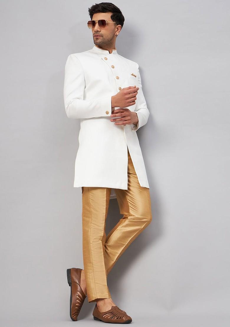 White Embroidered Cotton Indowestern Sherwani Set For Men