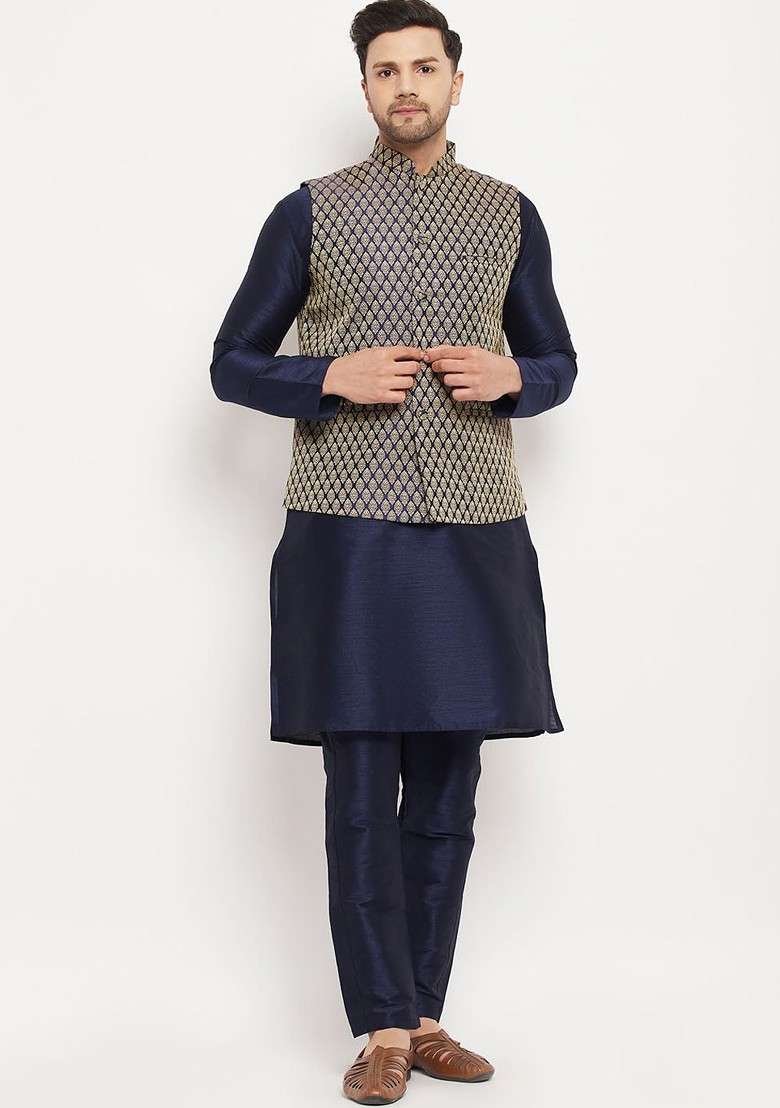 Navy Blue Solid Poly Blend Kurta Set For Men - Indya