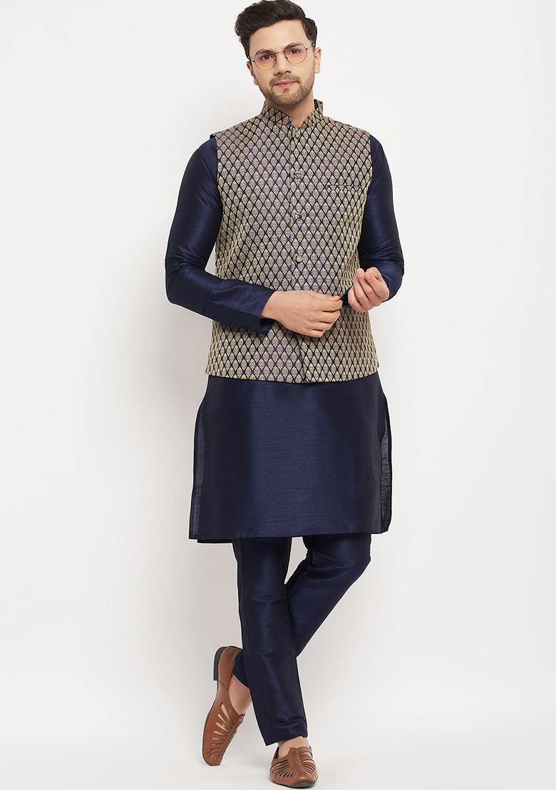 Navy Blue Solid Poly Blend Kurta Set For Men