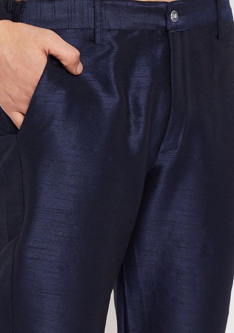 Navy Blue Solid Poly Blend Kurta Set For Men