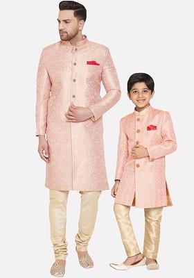 Pink Woven Poly Blend Indowestern Sherwani Set For Men