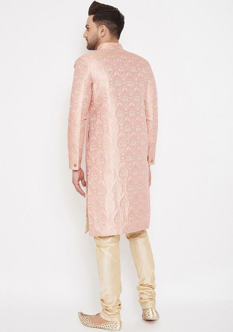 Pink Woven Poly Blend Indowestern Sherwani Set For Men