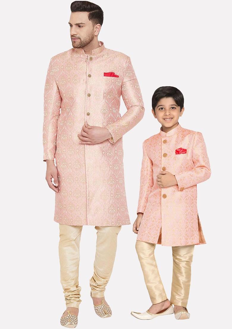 Pink Woven Poly Blend Indowestern Sherwani Set For Men