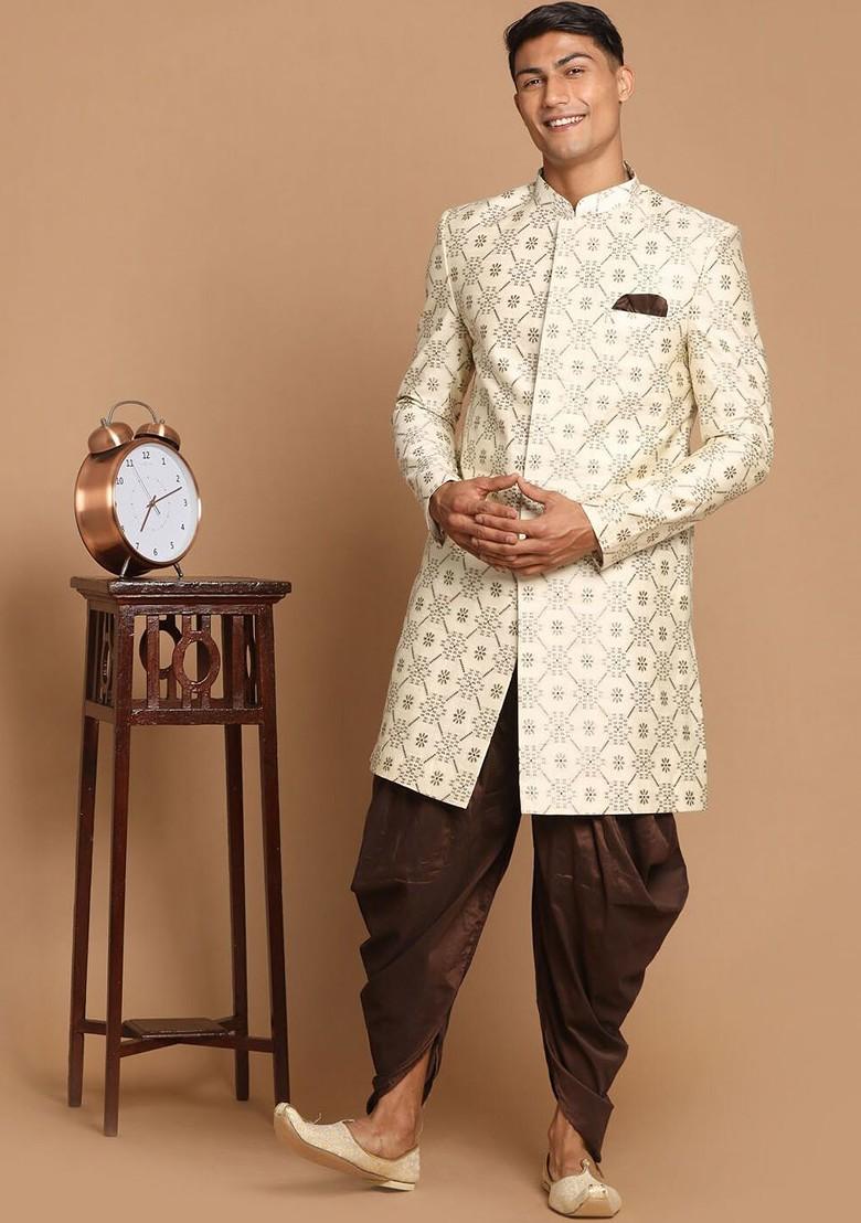 Beige Solid Poly Blend Indowestern Sherwani Set For Men