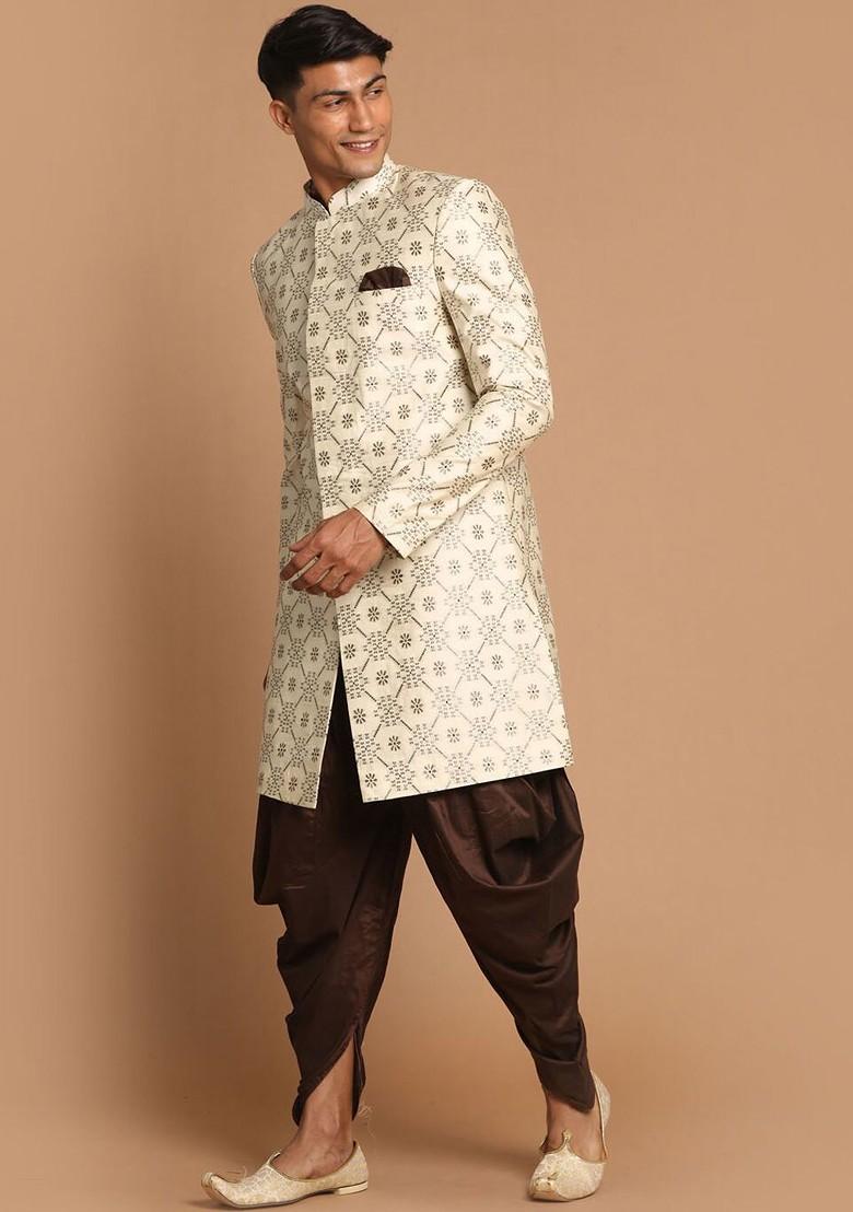 Beige Solid Poly Blend Indowestern Sherwani Set For Men