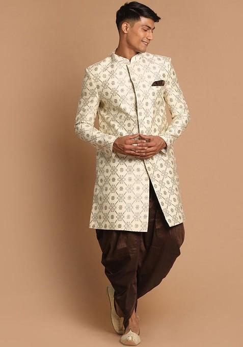 Beige Solid Poly Blend Indowestern Sherwani Set For Men — view on Indya
