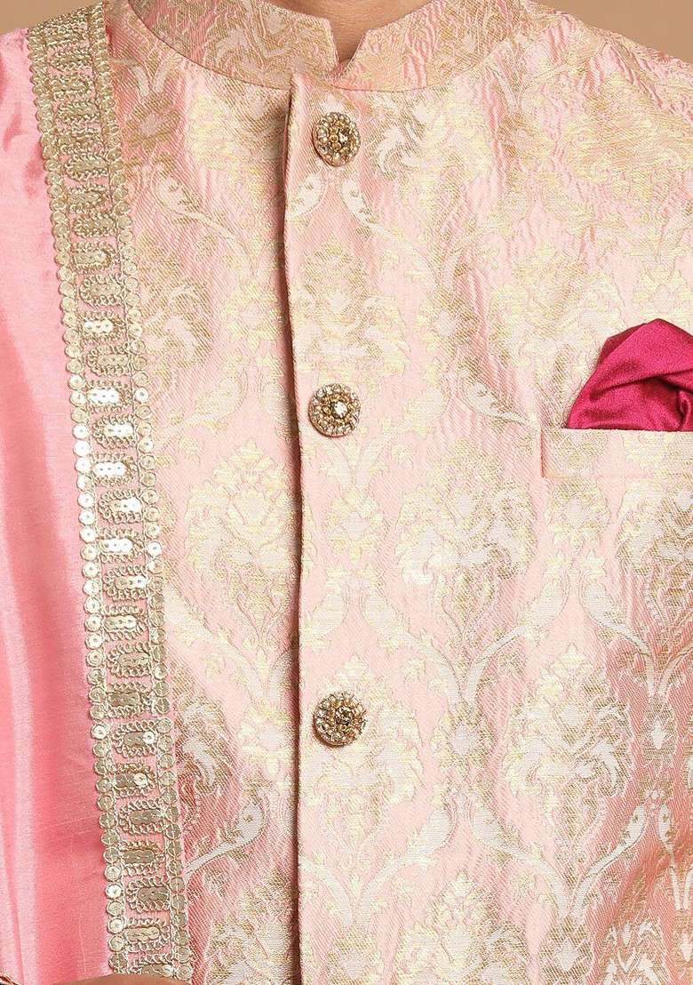 Pink Woven Poly Blend Indowestern Sherwani Set For Men - Indya