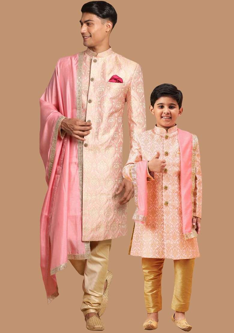 Pink Woven Poly Blend Indowestern Sherwani Set For Men - Indya