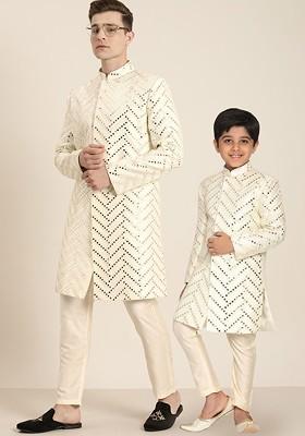 Cream Embroidered Poly Blend Indowestern Sherwani Set For Men
