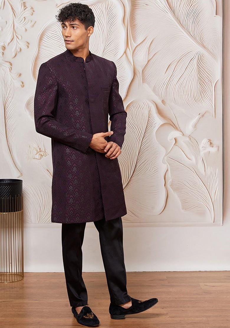 Purple Solid Poly Blend Indowestern Sherwani Set For Men