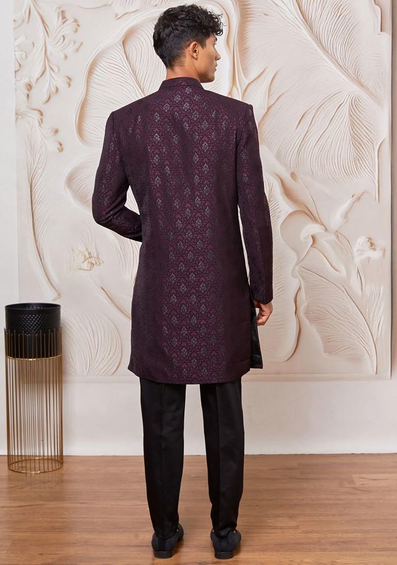 Purple Solid Poly Blend Indowestern Sherwani Set For Men