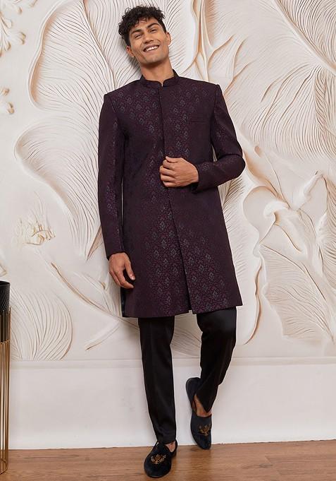 Purple Solid Poly Blend Indowestern Sherwani Set For Men — view on Indya