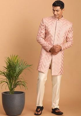 Pink Embroidered Poly Blend Indowestern Sherwani Set For Men