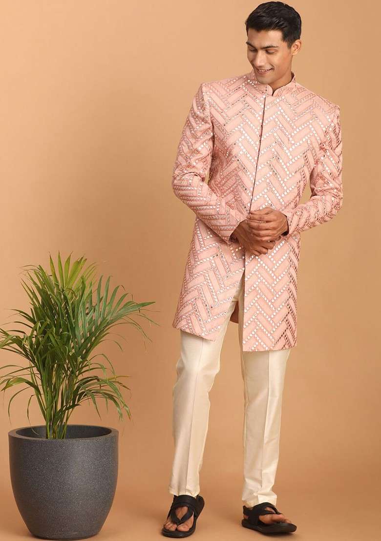 Pink Embroidered Poly Blend Indowestern Sherwani Set For Men - Indya