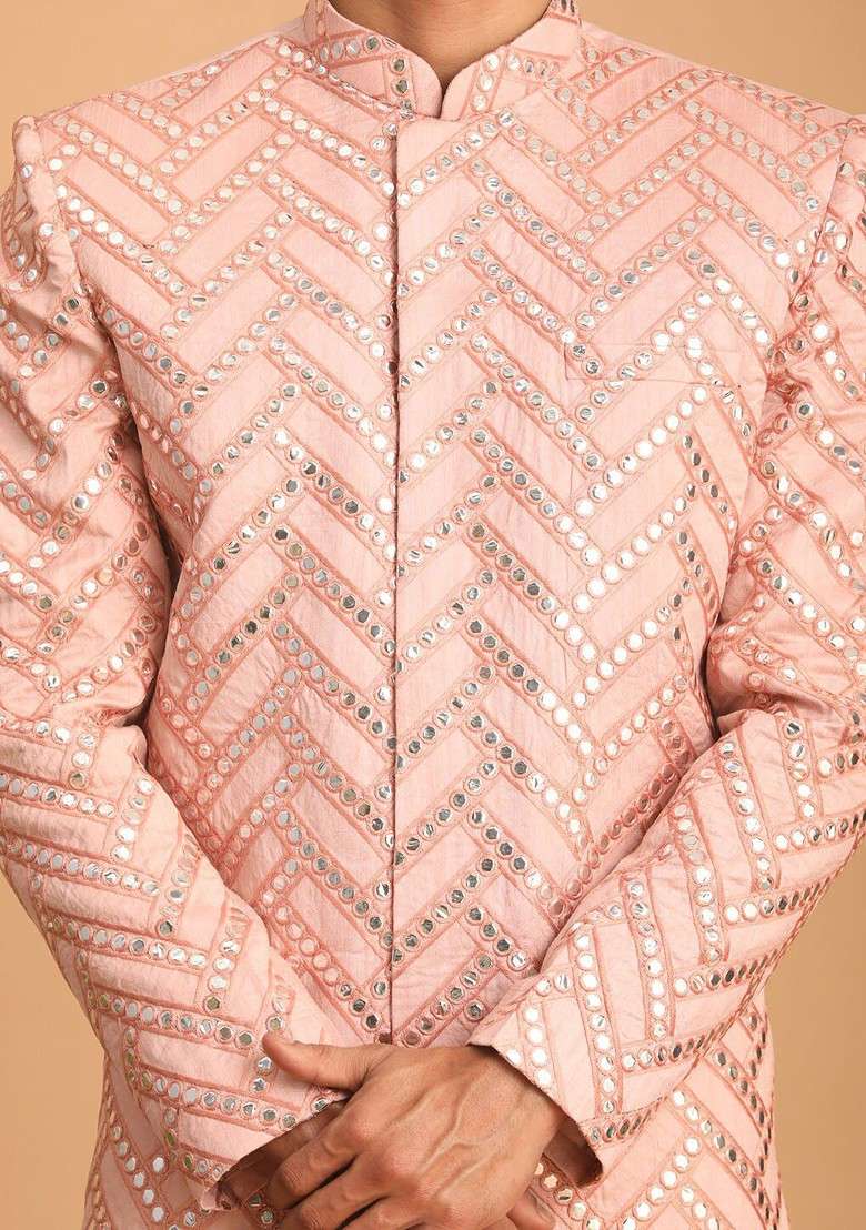 Pink Embroidered Poly Blend Indowestern Sherwani Set For Men - Indya