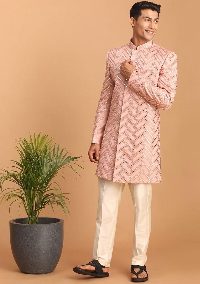 Pink Embroidered Poly Blend Indowestern Sherwani Set For Men