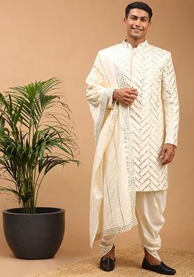 Cream Embellished Poly Blend Indowestern Sherwani Set For Men