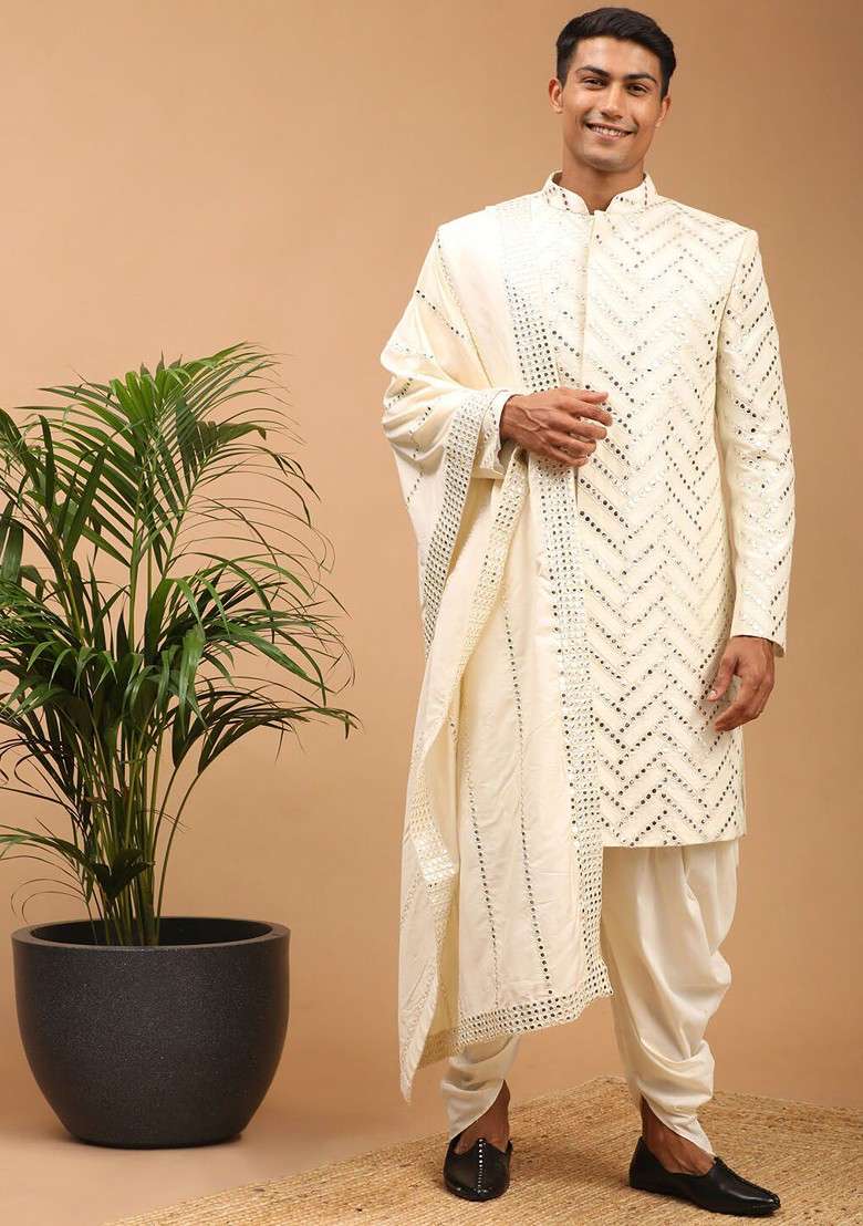 Cream Embellished Poly Blend Indowestern Sherwani Set For Men - Indya