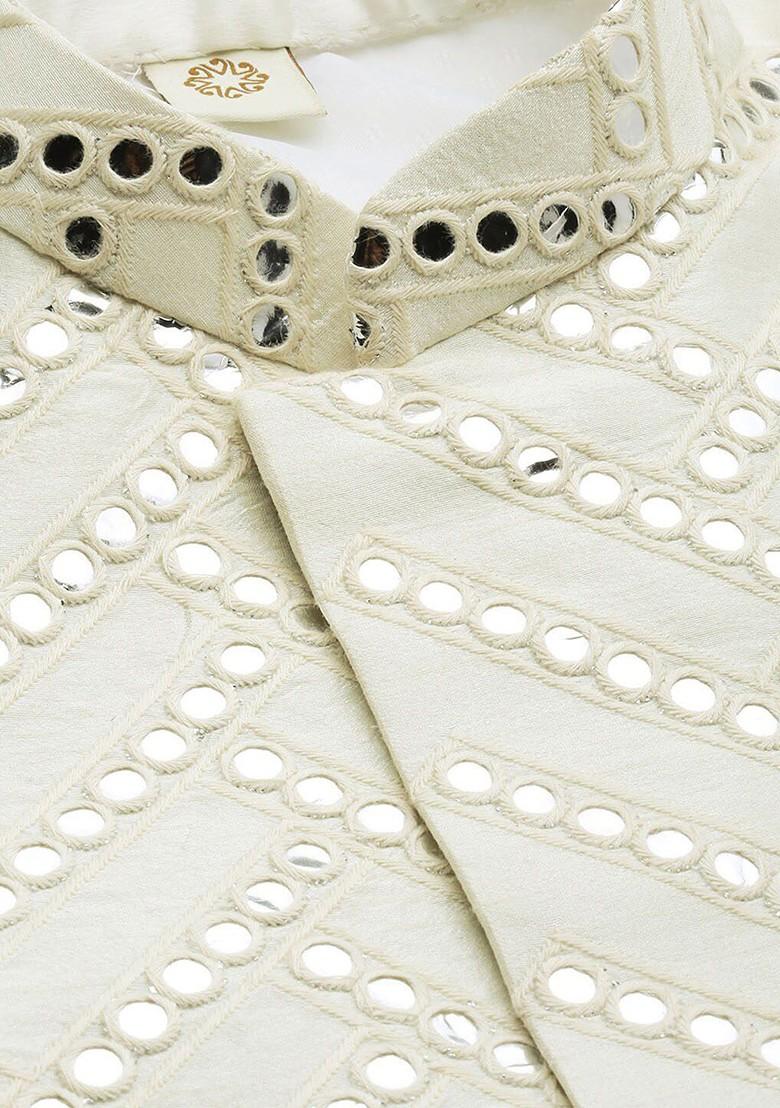 Cream Embellished Poly Blend Indowestern Sherwani Set For Men