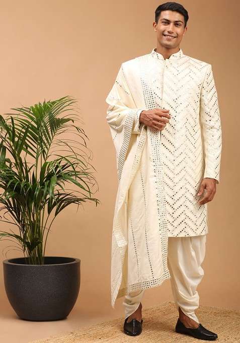 Cream Embellished Poly Blend Indowestern Sherwani Set For Men