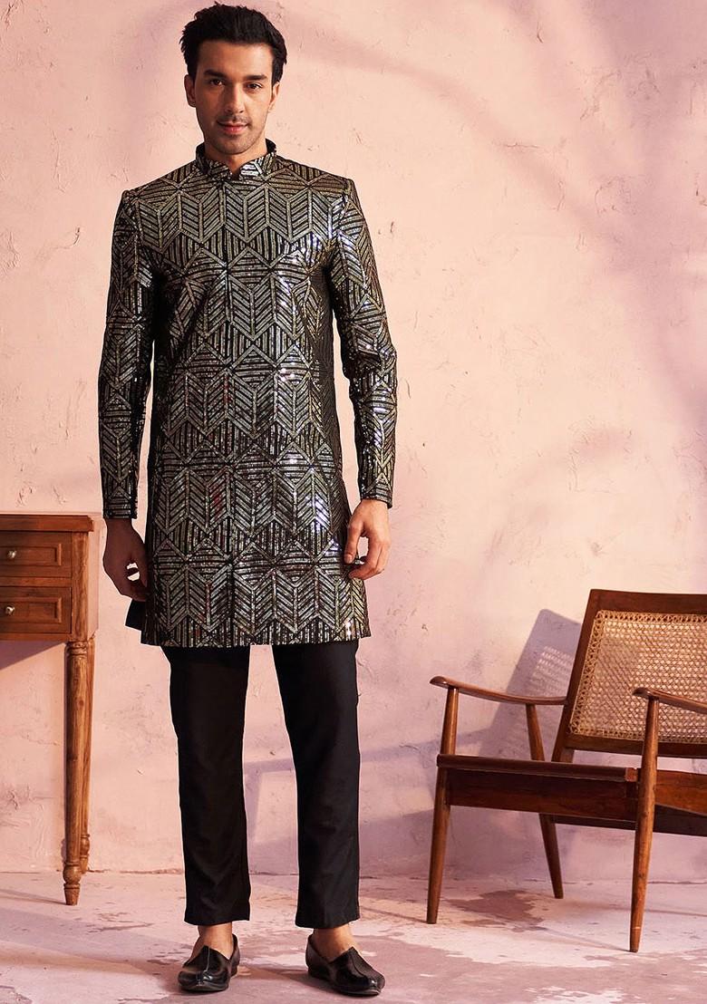 Black Embellished Poly Blend Indowestern Sherwani Set For Men