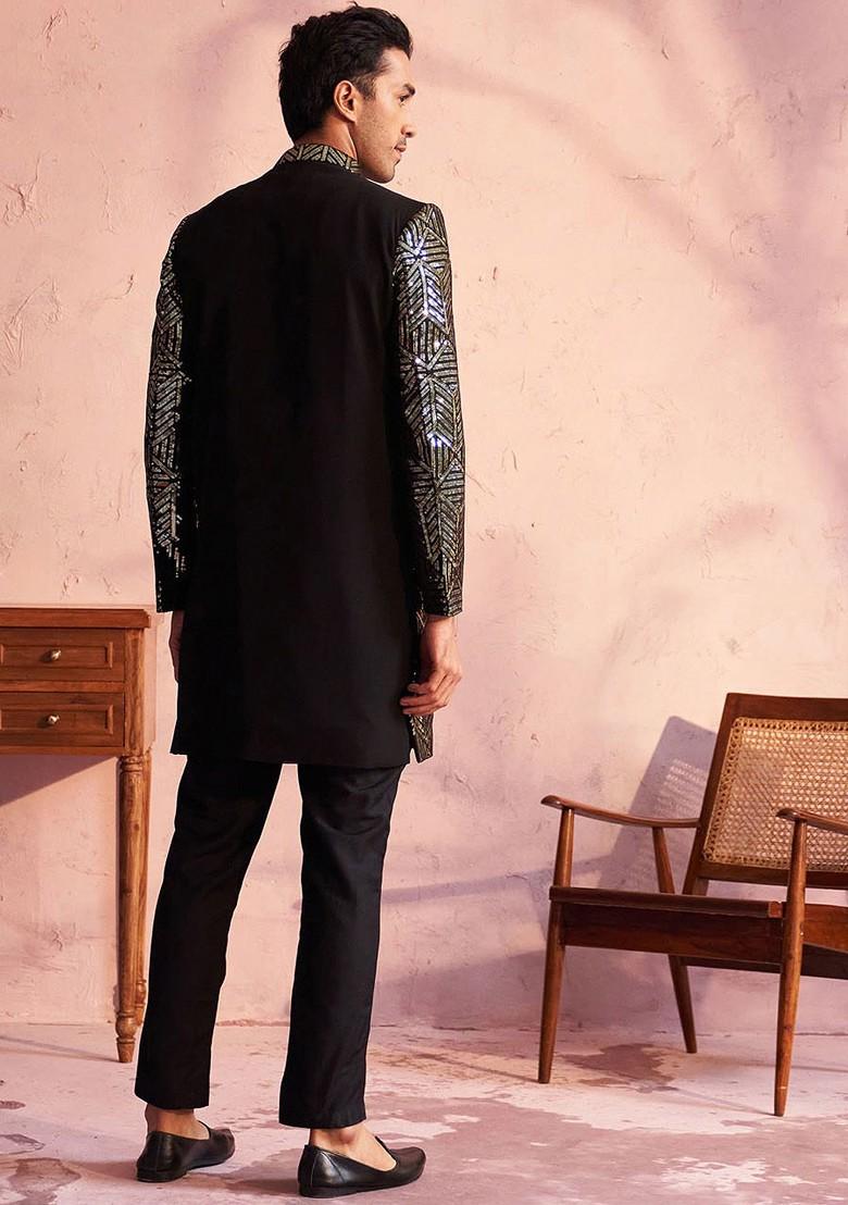 Black Embellished Poly Blend Indowestern Sherwani Set For Men