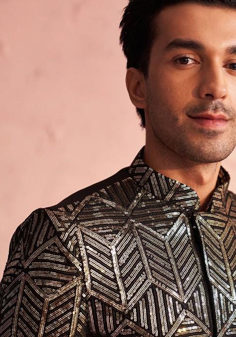 Black Embellished Poly Blend Indowestern Sherwani Set For Men