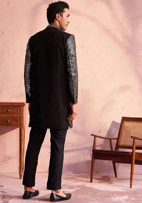 Black Embellished Poly Blend Indowestern Sherwani Set For Men