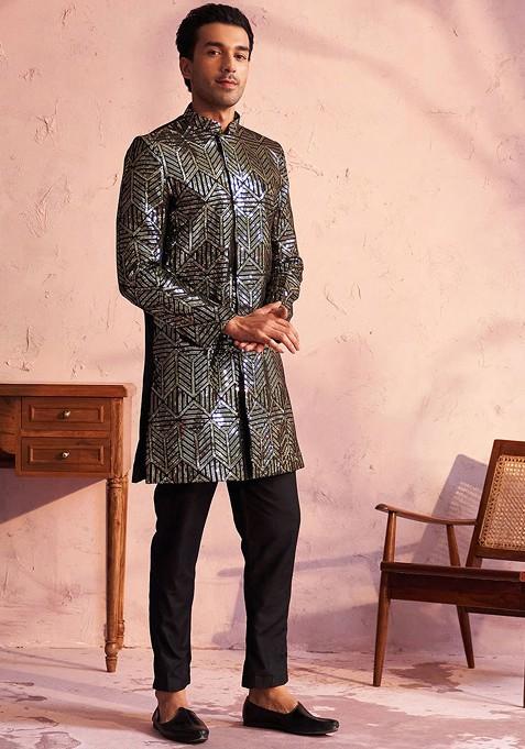 Black Embellished Poly Blend Indowestern Sherwani Set For Men