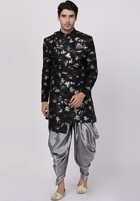Black Floral Print Poly Blend Indowestern Sherwani Set For Men
