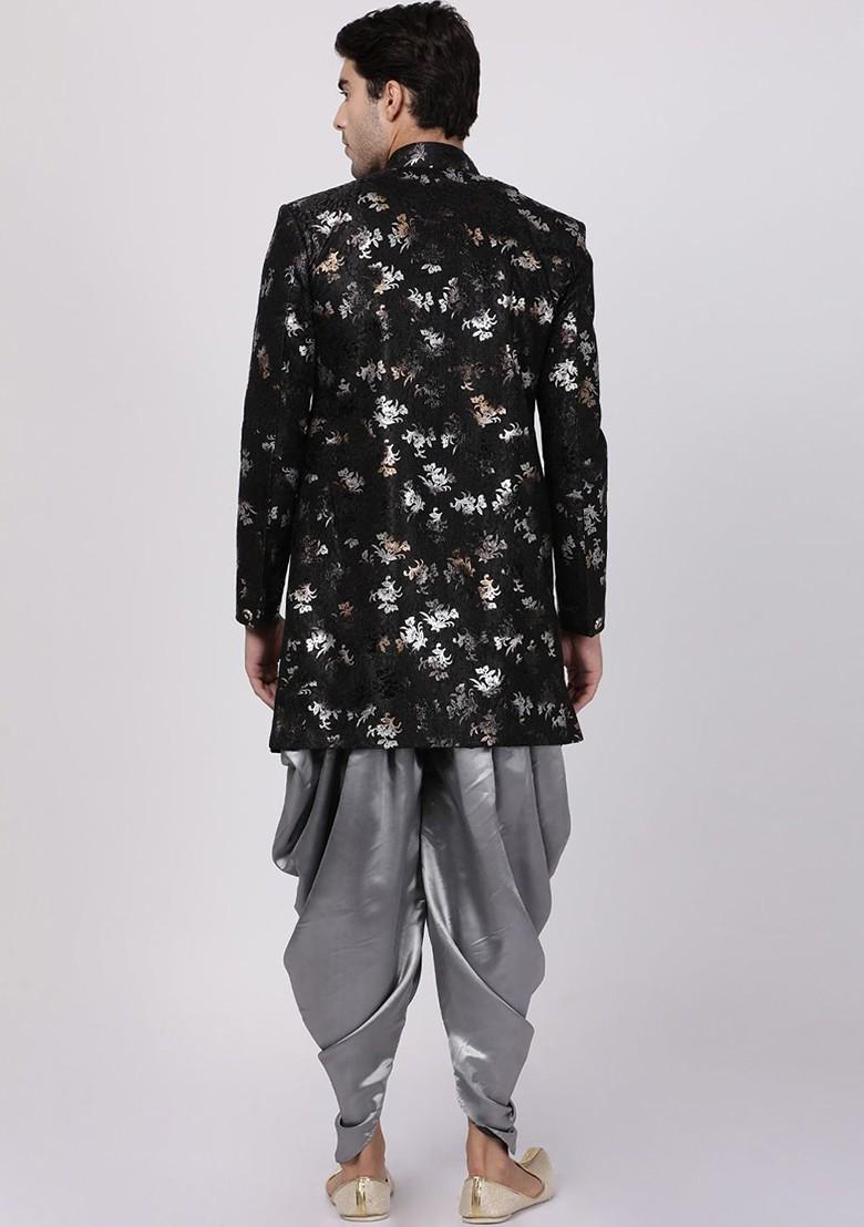 Black Floral Print Poly Blend Indowestern Sherwani Set For Men