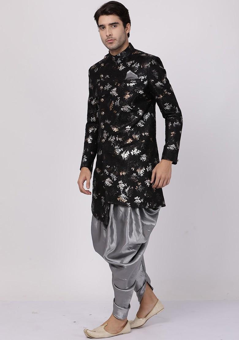 Black Floral Print Poly Blend Indowestern Sherwani Set For Men