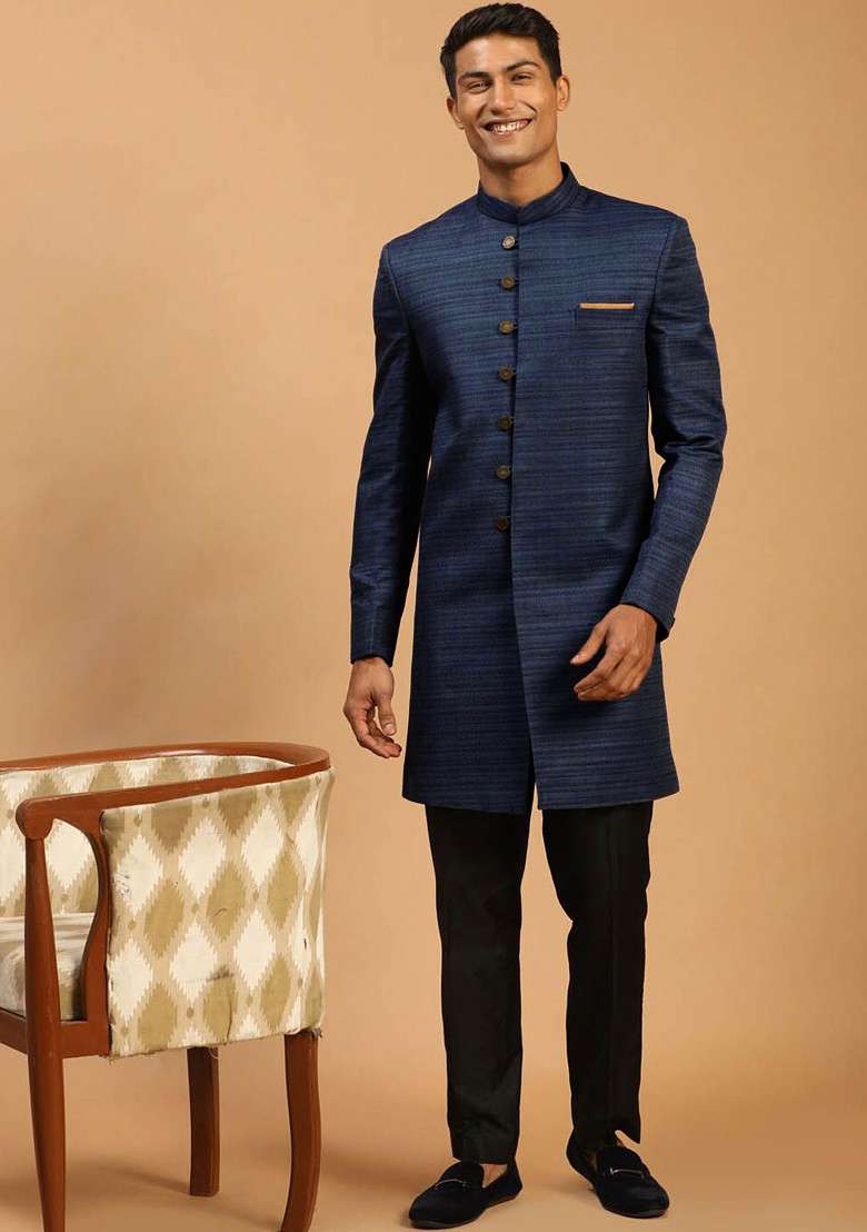 Blue Solid Poly Blend Indowestern Sherwani Set For Men - Indya