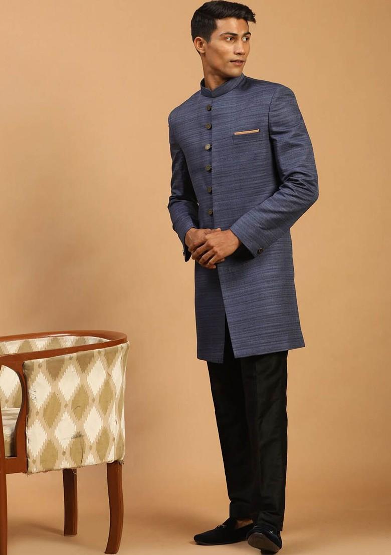 Blue Solid Poly Blend Indowestern Sherwani Set For Men