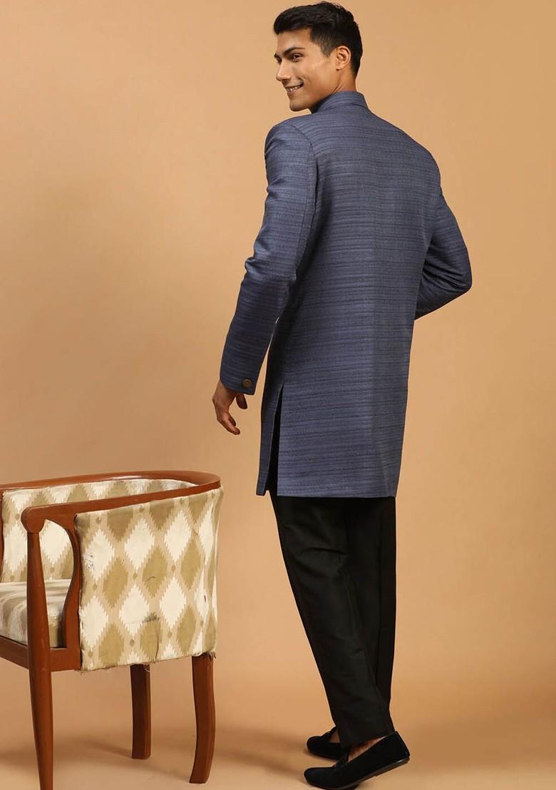 Blue Solid Poly Blend Indowestern Sherwani Set For Men
