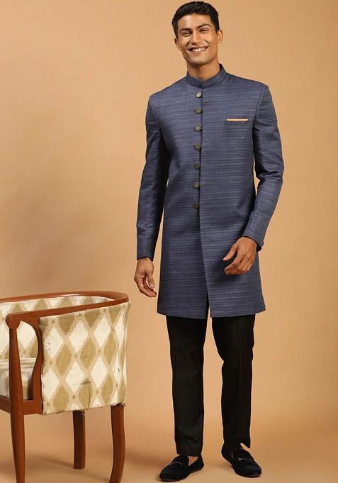 Blue Solid Poly Blend Indowestern Sherwani Set For Men — view on Indya